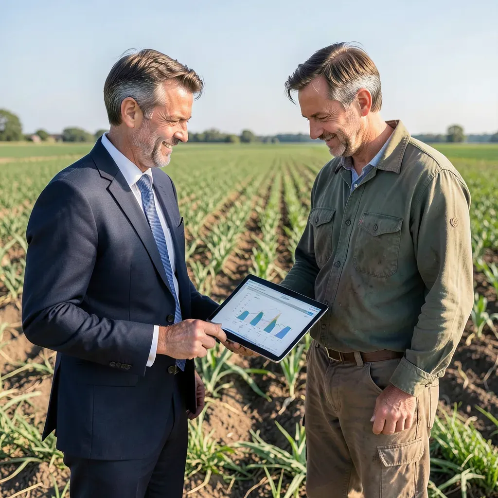 Agricoltore e consulente che analizzano un progetto di certificazione del carbonio