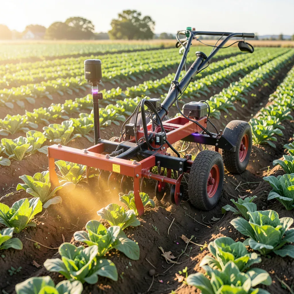 Attrezzatura per il diserbo laser al lavoro su un campo di ortaggi