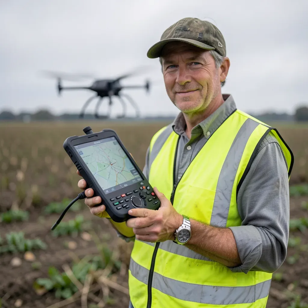 Operatore che pianifica una missione di volo con il radiocomando del drone