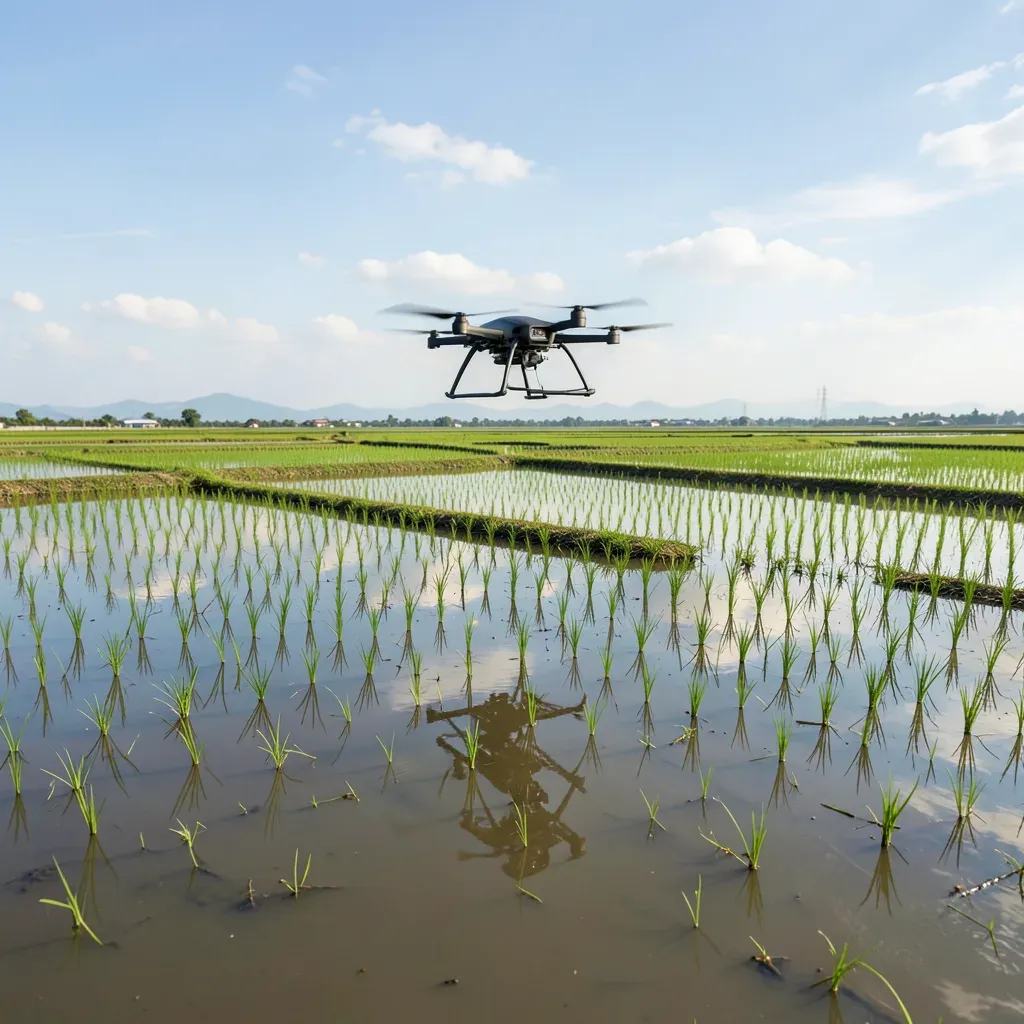 Drone agricolo in volo su una risaia allagata