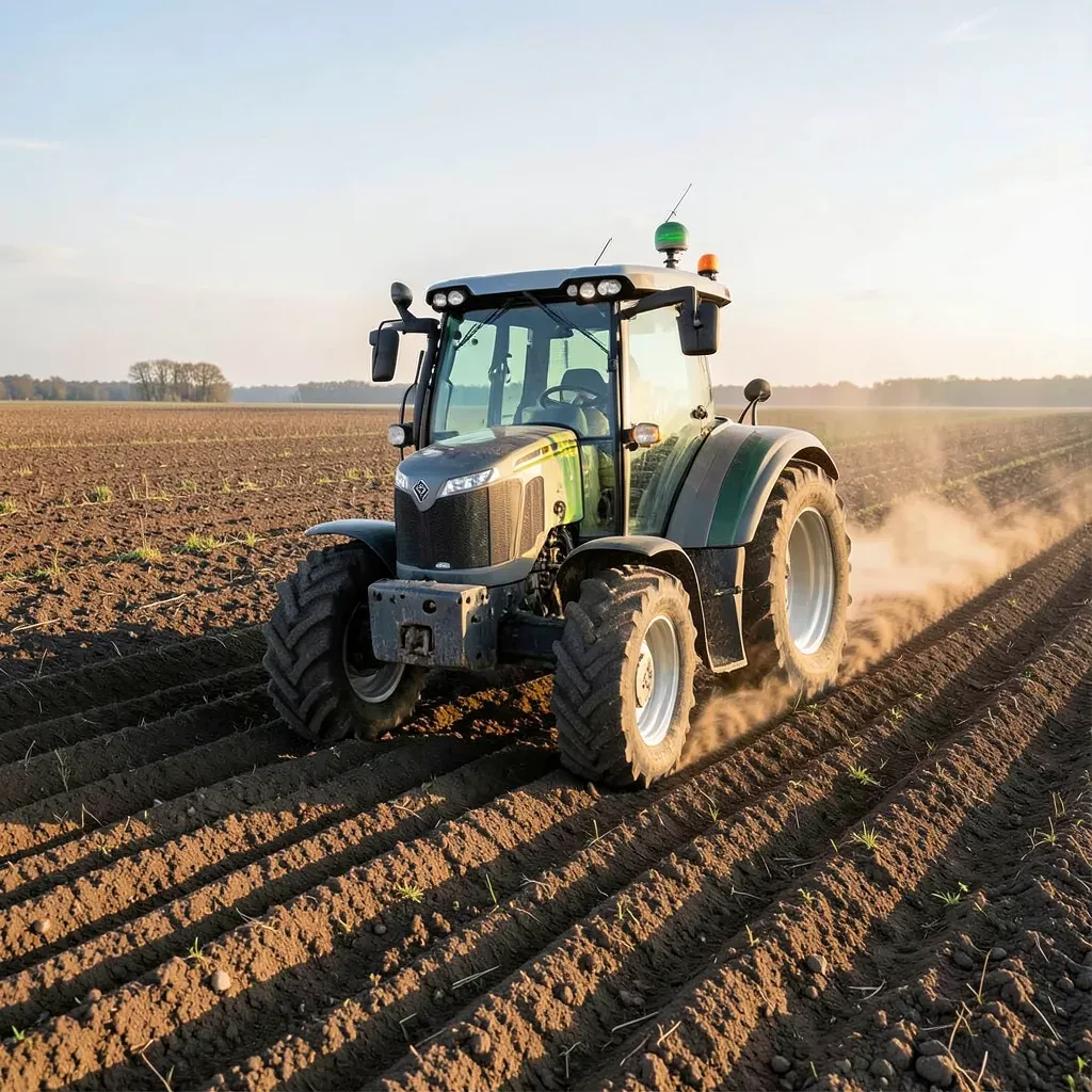 Trattore con antenna GPS al lavoro su un campo con passate parallele