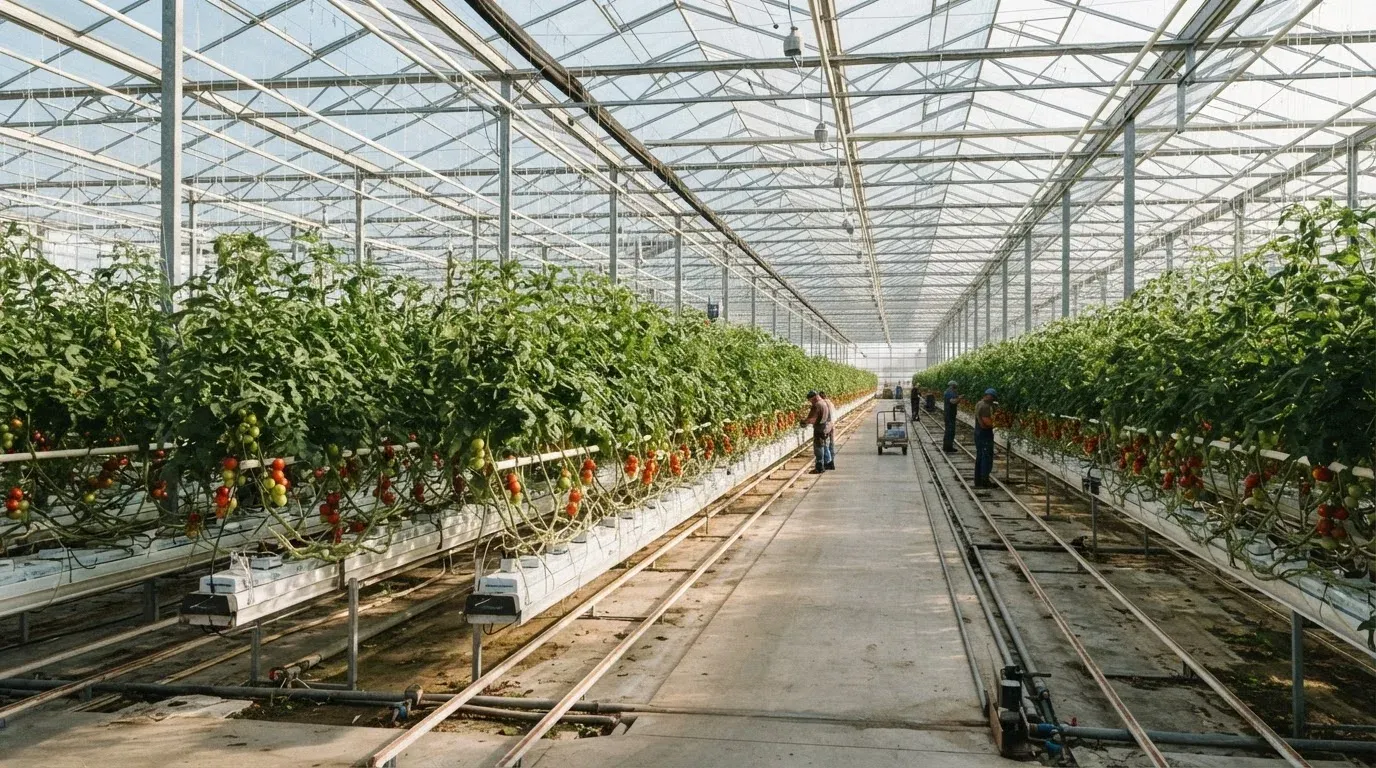 Serra commerciale con coltivazione di pomodoro fuori suolo su substrato