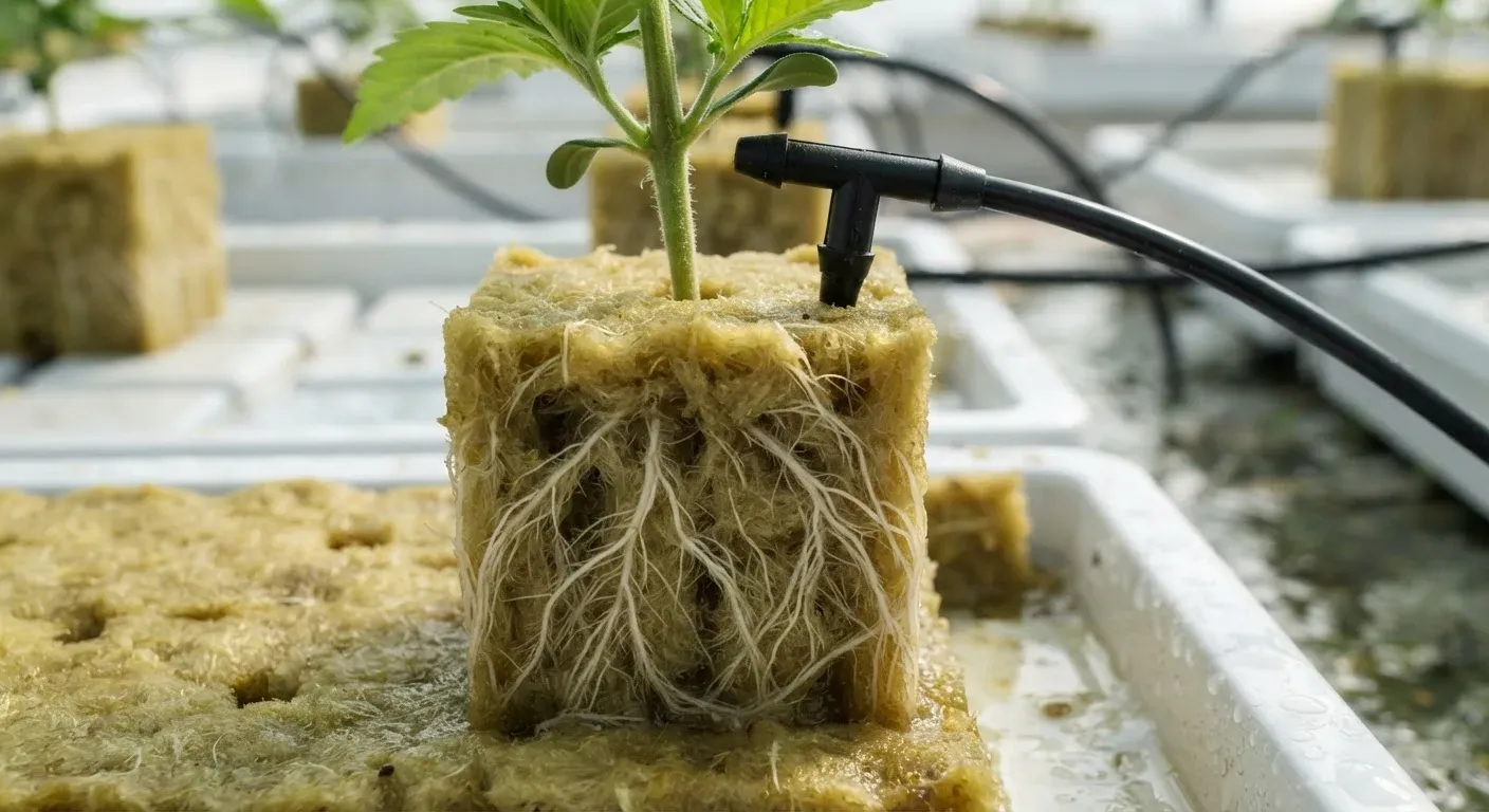 Radici in cubo di lana di roccia con gocciolatore per la soluzione nutritiva
