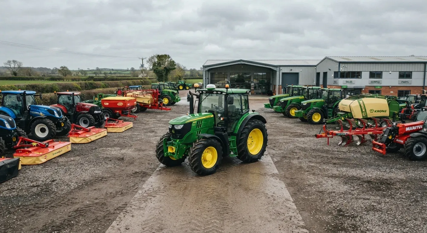 Macchine agricole nuove in attesa di vendita nel piazzale di un concessionario