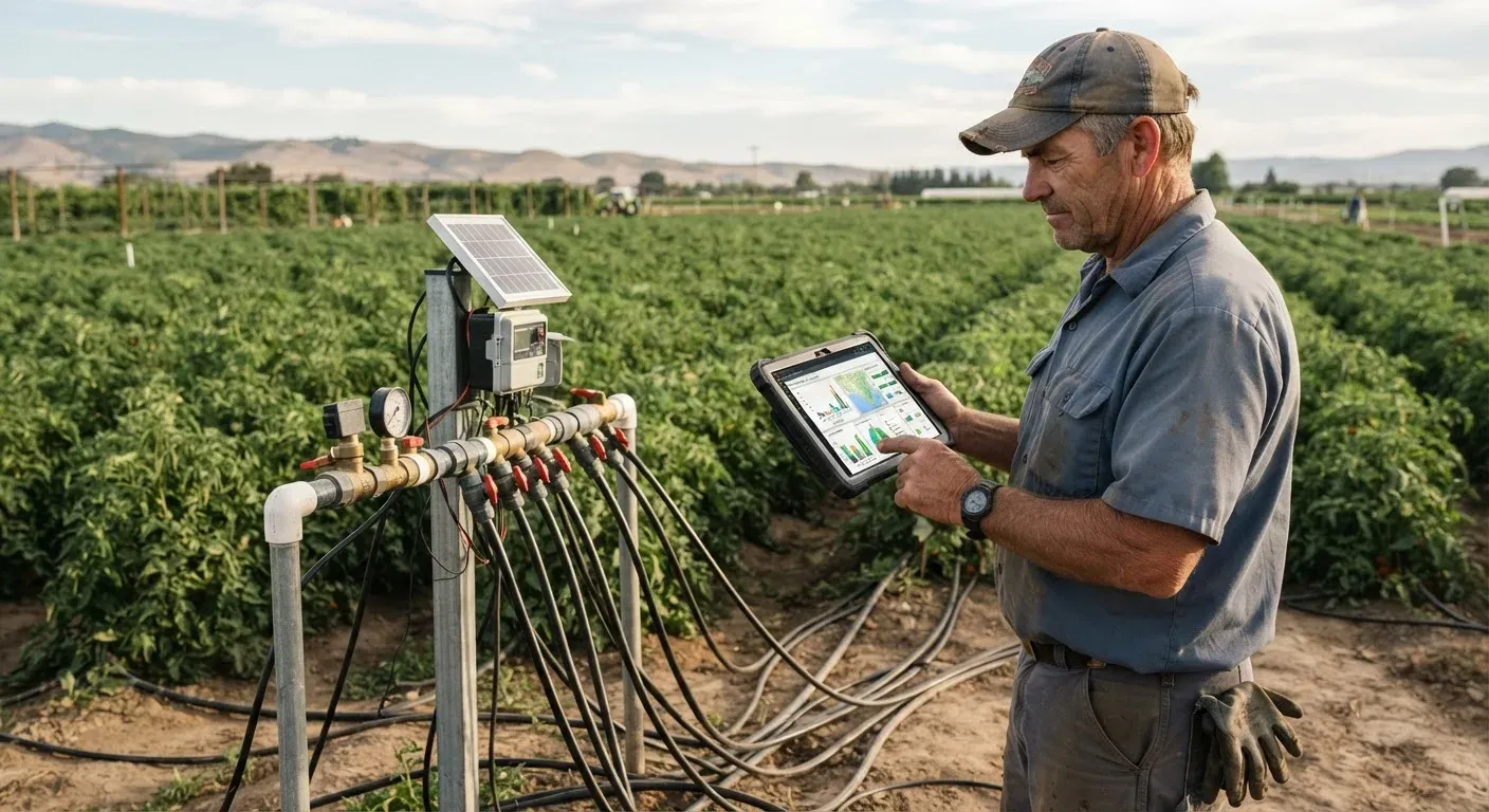 Agricoltore che consulta i dati di programmazione irrigua a bordo campo
