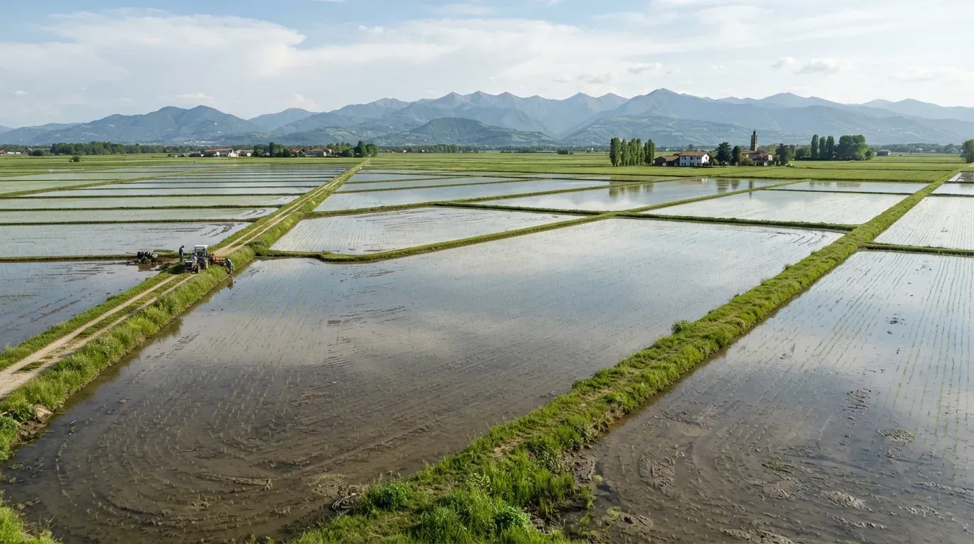 Risaia in sommersione, tecnica irrigua tradizionale ancora diffusa in Italia