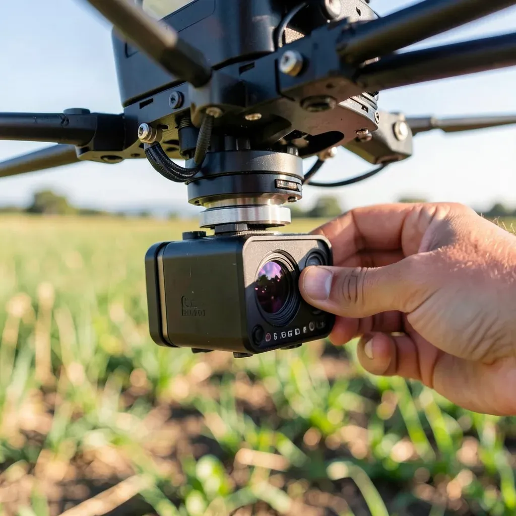 Sensore multispettrale montato su un drone agricolo prima del volo