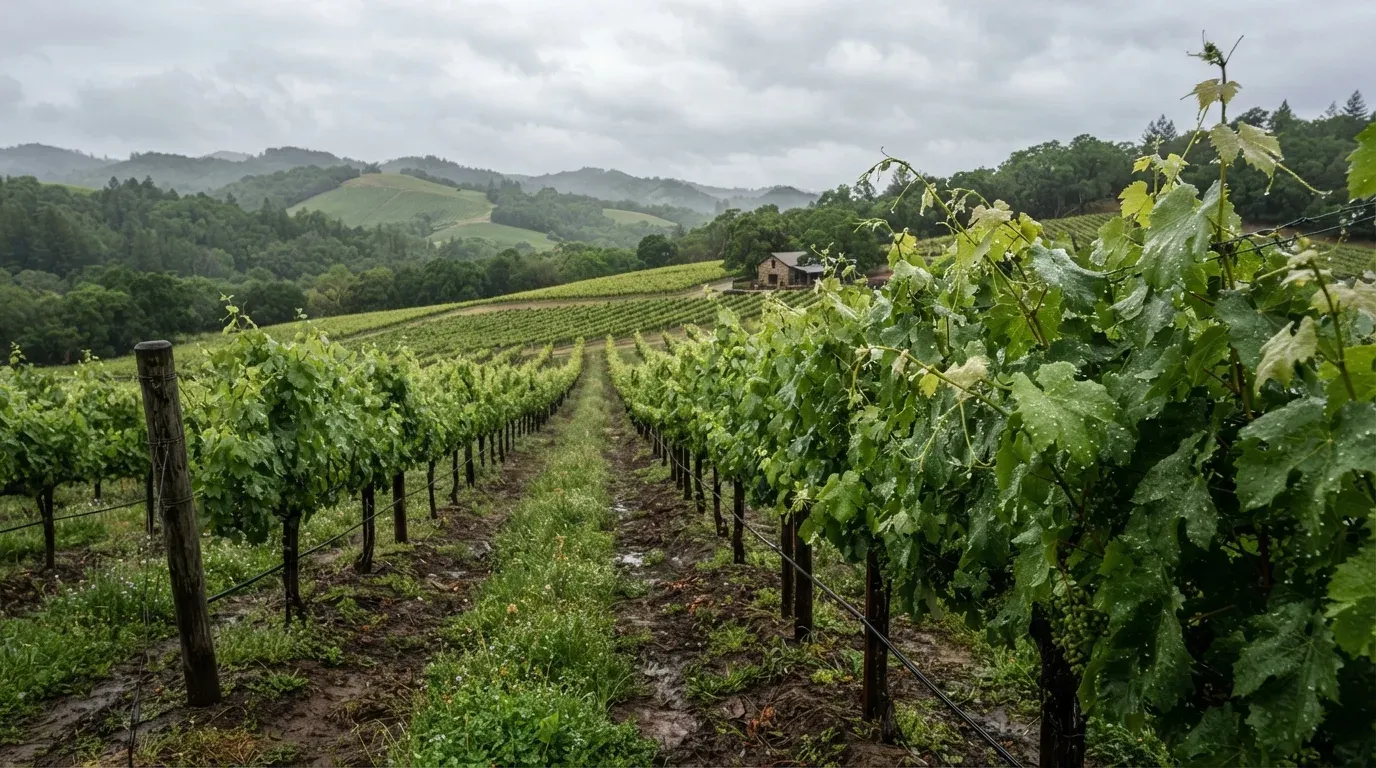 Vigneto in primavera dopo la pioggia, condizioni favorevoli alle infezioni