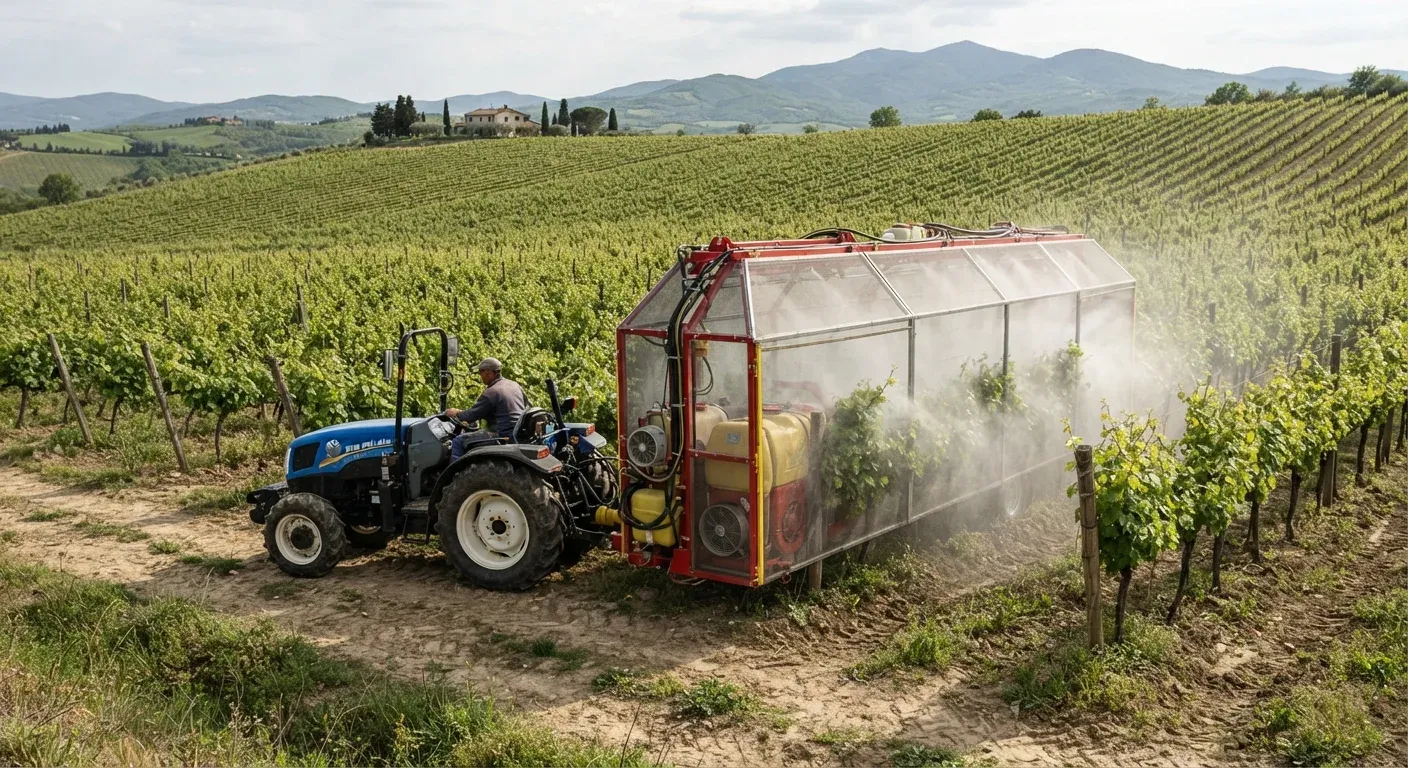 Irroratrice a tunnel di recupero al lavoro tra i filari