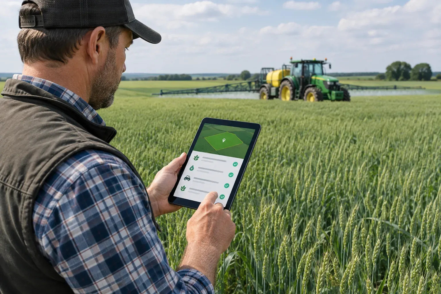 Agricoltore che registra un trattamento sul quaderno di campagna digitale da tablet in campo