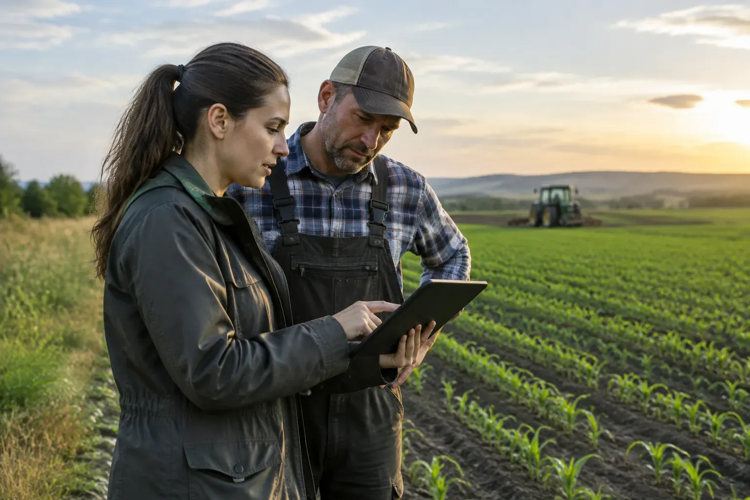 Agronomo e agricoltore che verificano insieme le registrazioni aziendali