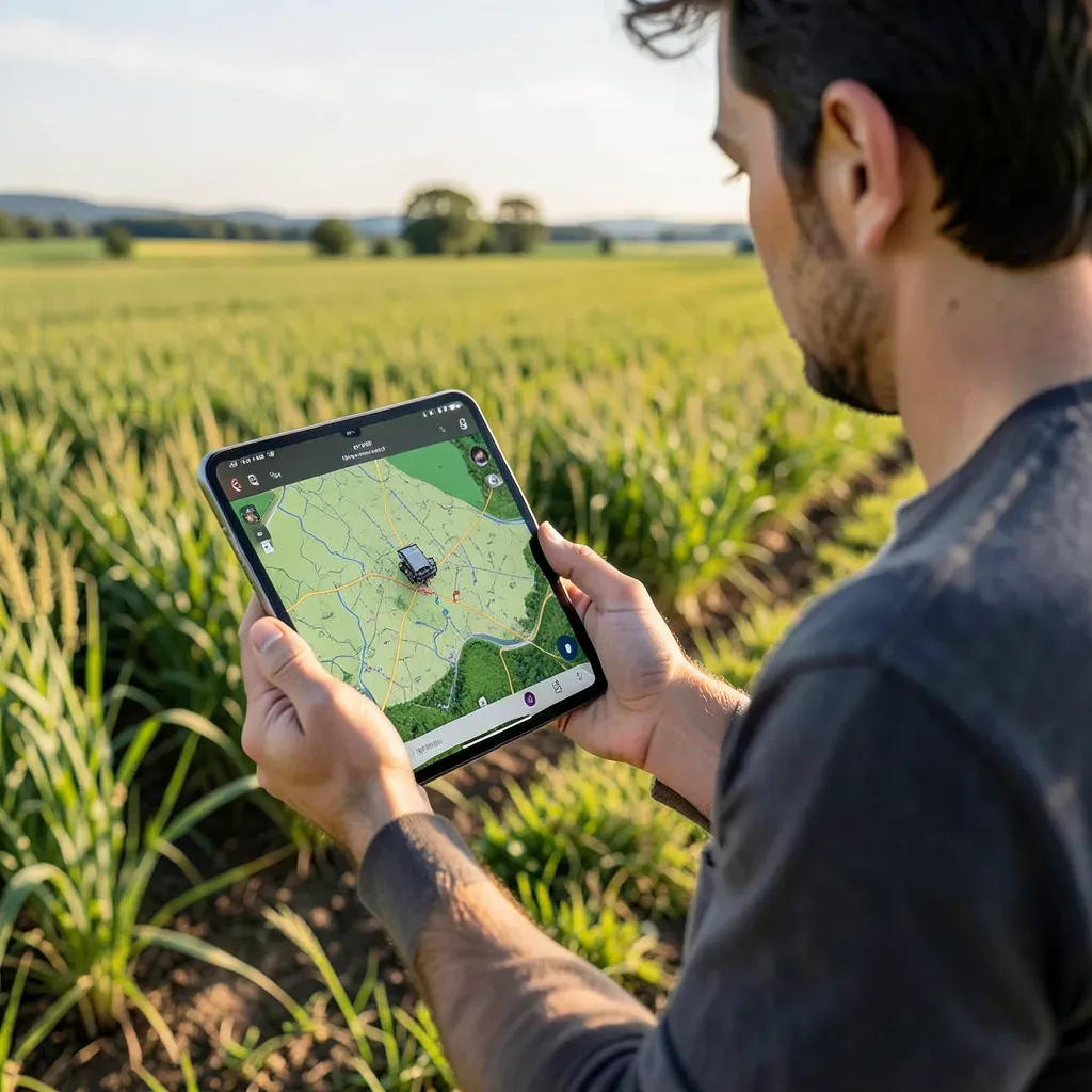 Agricoltore che supervisiona da remoto un robot agricolo tramite app