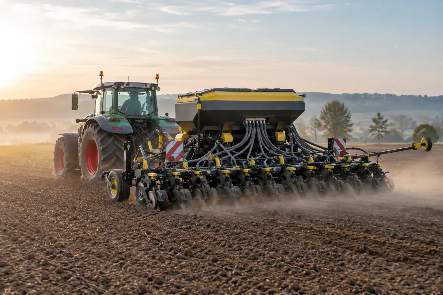 Seminatrice di precisione al lavoro su terreno preparato