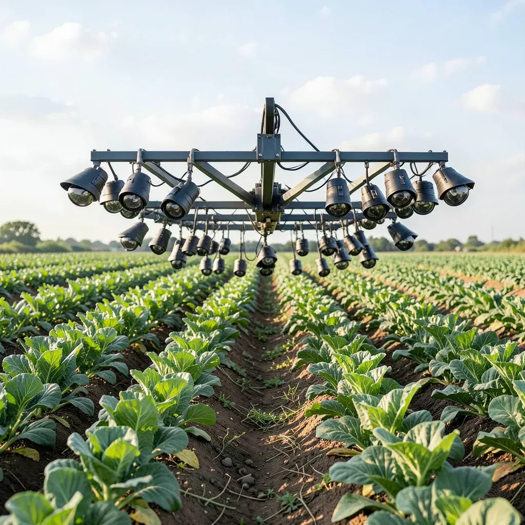 Barra con telecamere per il riconoscimento delle infestanti montata su un'attrezzatura agricola