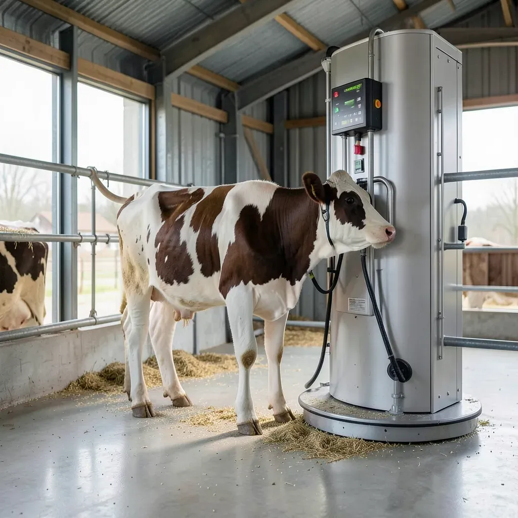 Vacca da latte che entra volontariamente in un robot di mungitura