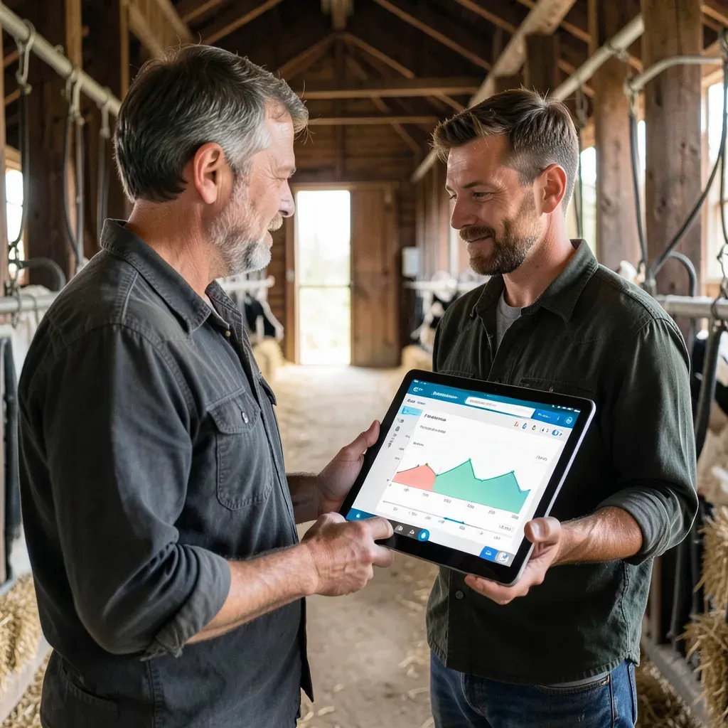 Allevatore che consulta il software di gestione della mandria su tablet